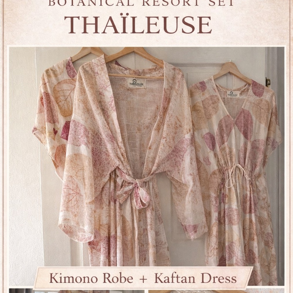 THAILEUSE Franco Thai Leaf Print Kaftan + Kimono Robe Set Boho Resort Vacation